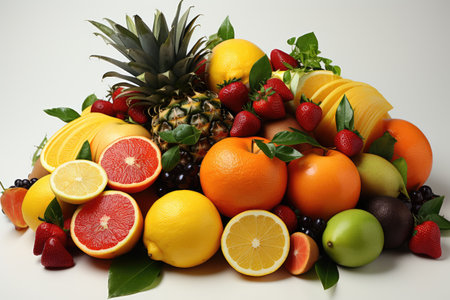 A colorful assortment of tropical fruits. isolation white background,Generated with AIの素材