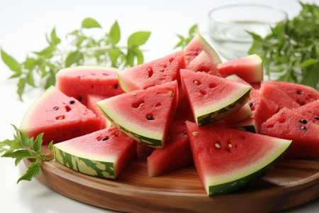 A close-up of succulent watermelon and slices. isolation white background,Generated with AIの素材