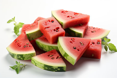 A close-up of succulent watermelon and slices. isolation white background,Generated with AIの素材