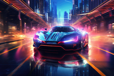 Futuristic vehicle speeding through neon rain.Generated with AIの素材
