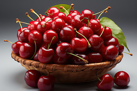 A basket of ripe, red cherries isolation white background,Generated with AIの素材