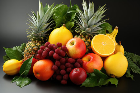 A colorful assortment of tropical fruits. isolation white background,Generated with AIの素材