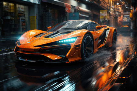 Futuristic vehicle speeding through neon rain.Generated with AIの素材