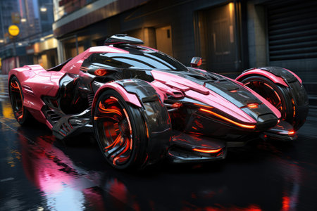 Futuristic vehicle speeding through neon rain.Generated with AIの素材