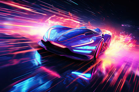 Futuristic vehicle speeding through neon rain.Generated with AIの素材