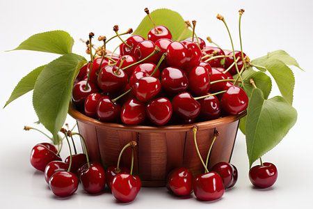 A basket of ripe, red cherries isolation white background,Generated with AIの素材