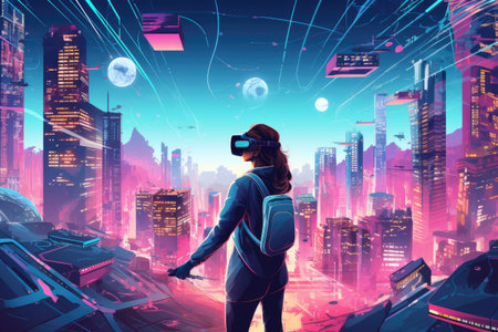 Virtual reality headset and digital cityscape.Generated with AIの素材