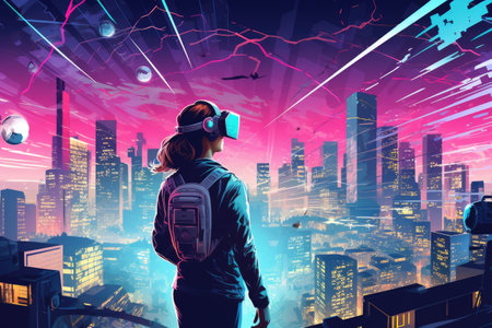 Virtual reality headset and digital cityscape.Generated with AIの素材