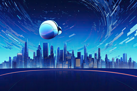 Virtual reality headset and digital cityscape.Generated with AIの素材