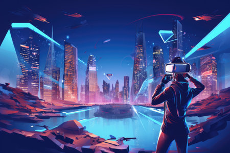 Virtual reality headset and digital cityscape.Generated with AIの素材