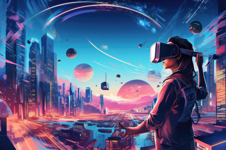 Virtual reality headset and digital cityscape.Generated with AIの素材