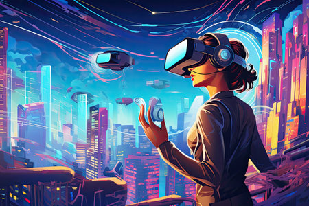 Virtual reality headset and digital cityscape.Generated with AIの素材
