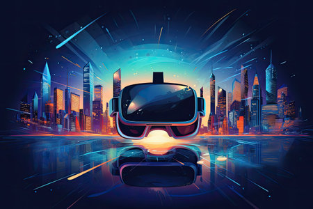 Virtual reality headset and digital cityscape.Generated with AIの素材
