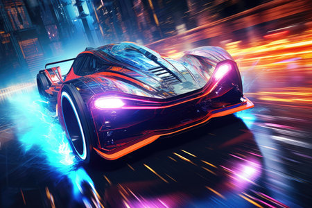 Futuristic vehicle speeding through neon rain.Generated with AIの素材