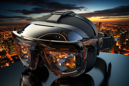 Virtual reality headset and digital cityscape.Generated with AIの素材