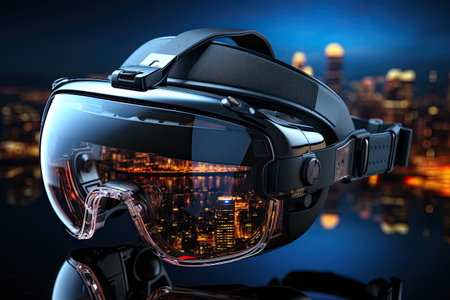Virtual reality headset and digital cityscape.Generated with AIの素材