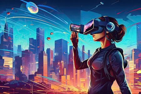 Virtual reality headset and digital cityscape.Generated with AIの素材