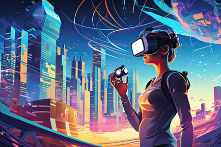 Virtual reality headset and digital cityscape.Generated with AIの素材