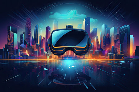 Virtual reality headset and digital cityscape.Generated with AIの素材