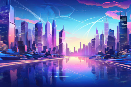 Virtual reality headset and digital cityscape.Generated with AIの素材