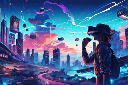 Virtual reality headset and digital cityscape.Generated with AIの素材