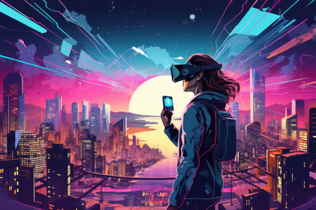 Virtual reality headset and digital cityscape.Generated with AIの素材