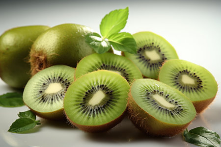 A close-up of kiwi and slices. isolation white background,Generated with AIの素材