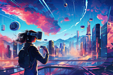Virtual reality headset and digital cityscape.Generated with AIの素材