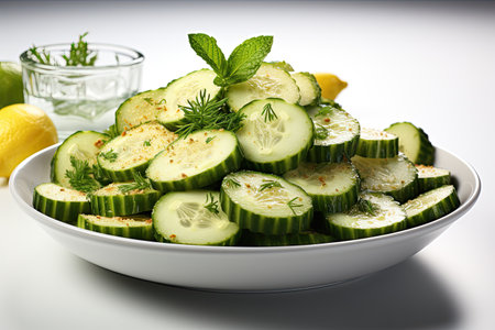 A bowl of crispy cucumber slices. isolation white background,Generated with AIの素材