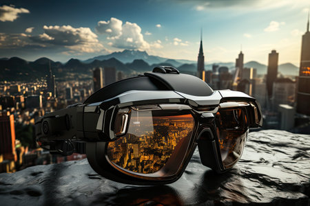 Virtual reality headset and digital cityscape.Generated with AIの素材