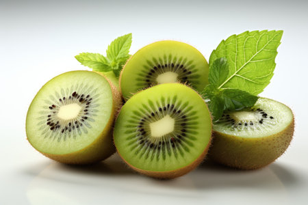 A close-up of kiwi and slices. isolation white background,Generated with AIの素材