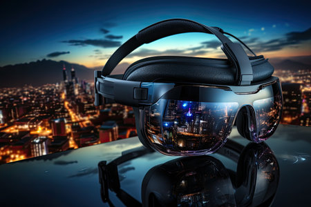 Virtual reality headset and digital cityscape.Generated with AIの素材