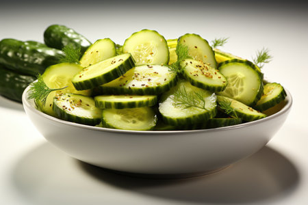A bowl of crispy cucumber slices. isolation white background,Generated with AIの素材