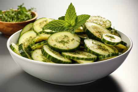 A bowl of crispy cucumber slices. isolation white background,Generated with AIの素材