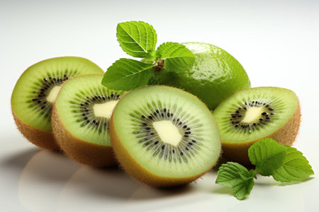 A close-up of kiwi and slices. isolation white background,Generated with AIの素材
