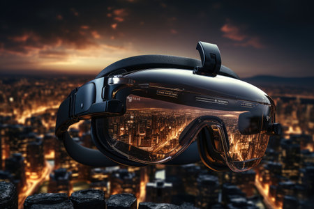 Virtual reality headset and digital cityscape.Generated with AIの素材