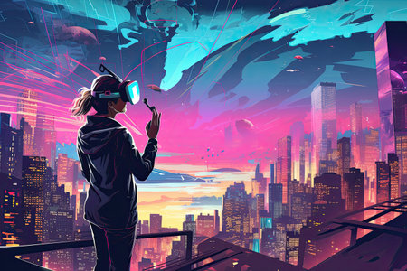 Virtual reality headset and digital cityscape.Generated with AIの素材