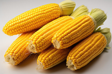 Vibrant yellow corn on the cob. isolation white background,Generated with AIの素材
