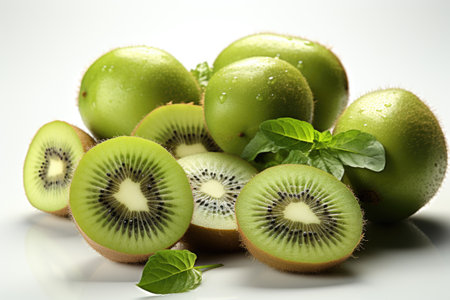 A close-up of kiwi and slices. isolation white background,Generated with AIの素材