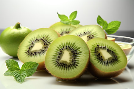 A close-up of kiwi and slices. isolation white background,Generated with AIの素材