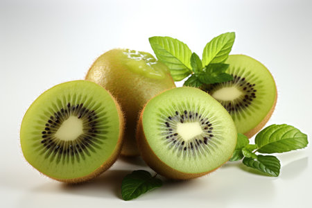 A close-up of kiwi and slices. isolation white background,Generated with AIの素材