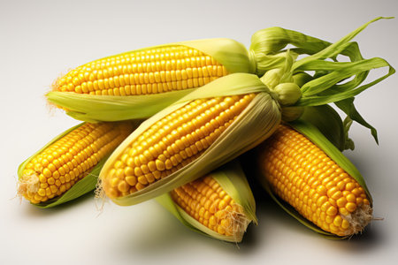 Vibrant yellow corn on the cob. isolation white background,Generated with AIの素材