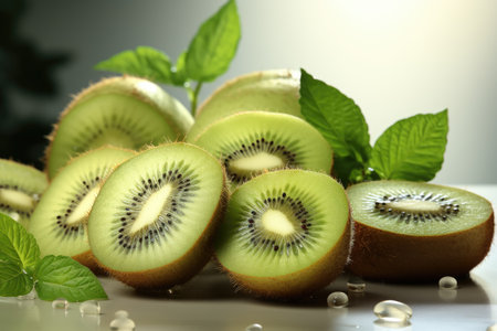 A close-up of kiwi and slices. isolation white background,Generated with AIの素材