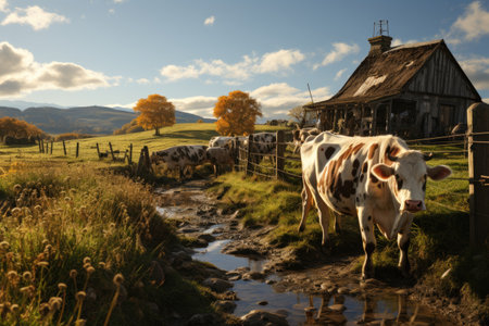 A cowherd raises cows happily farm wide pasture. products from cows for sale meat , milk, cheese, butterの素材