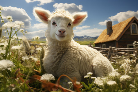 Farmers raise sheep with great joy, in farms, shear sheep to sell in market, farm scene with happy sheepの素材