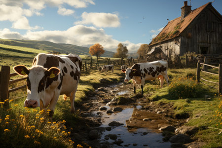 A cowherd raises cows happily farm wide pasture. products from cows for sale meat , milk, cheese, butterの素材