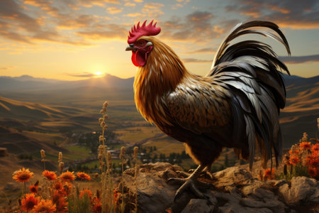 chickens exploring the farm, roaming freely in a grassy field,Generated with AIの素材