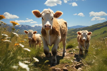 A cowherd raises cows happily farm wide pasture. products from cows for sale meat , milk, cheese, butterの素材