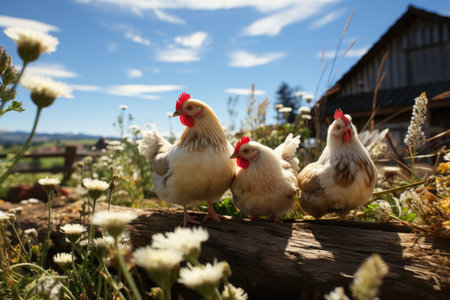 chickens exploring the farm, roaming freely in a grassy field,Generated with AIの素材