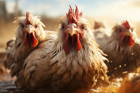 chickens exploring the farm, roaming freely in a grassy field,Generated with AIの素材